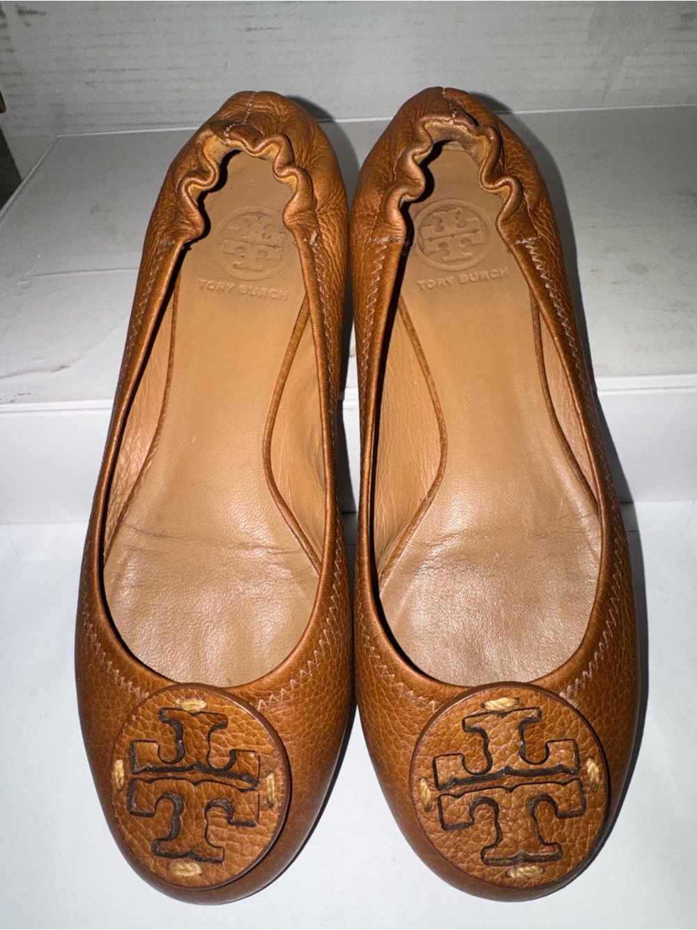 Tory Burch Tan Leather Logo Ballet Flats